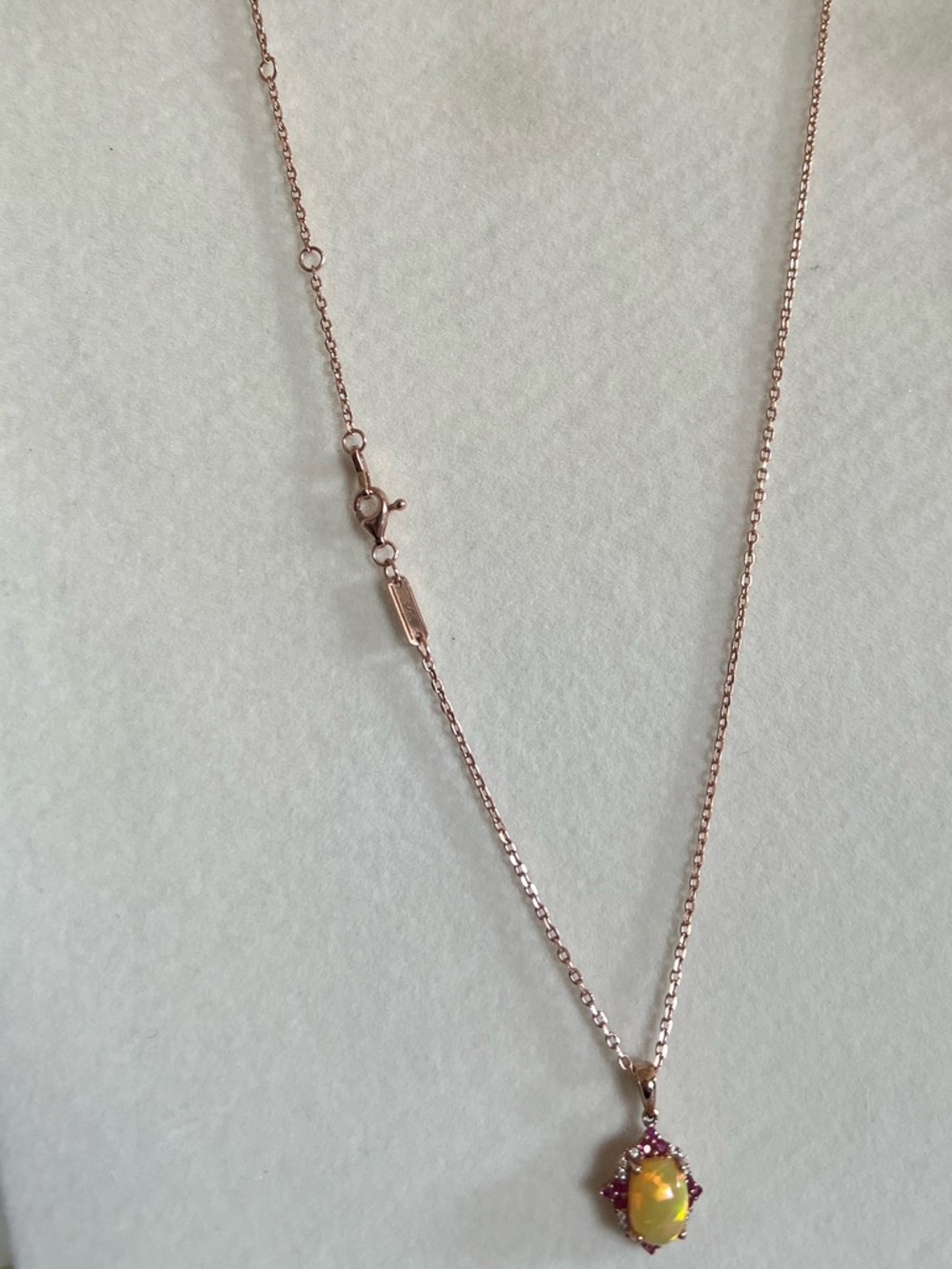 10k Solid Rose Gold Ethiopian Opal with Genuine Diamond and Ruby Halo Pendant - Picture 16 of 16